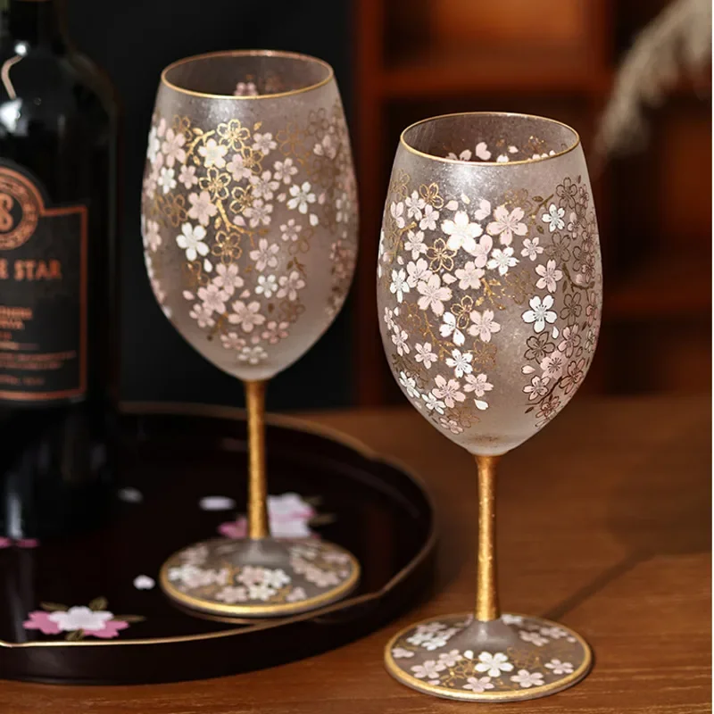 

Japanese Cherry Blossom Painted Gold Frosted Glass Cup Vintage Party Champagne Red Wine Glass High-grade Gift Box Drinkware