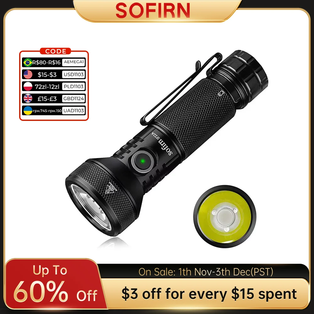 Sofirn IF22A 21700 USB C Rechargeable Powerful LED Flashlight SFT40 2100lm 680M Throw Reverse Charging Torch