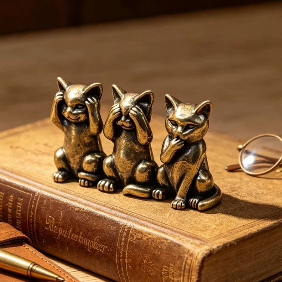 Brass Three-Not-Listening-Not-Seeing-Not-Talking Cat Statue Ornament / Funny and Adorable Cat Design, Exquisitely Crafted Copperware, Home Tea Pet Desktop Decoration, a Great Collectible for Cat Lovers, Also Serves as an Ornamental Piece, Vintage Style Mini Art Decoration