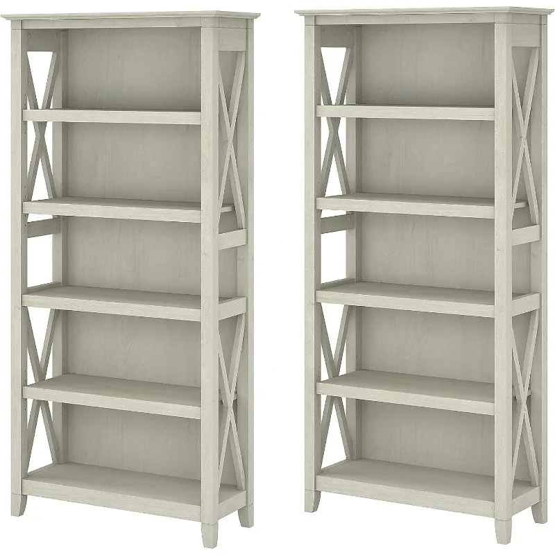 Furniture Key West 5 Shelf Bookcase - Set of 2 | Tall Bookshelves in Linen White Oak | Sturdy Display Shelves for Library