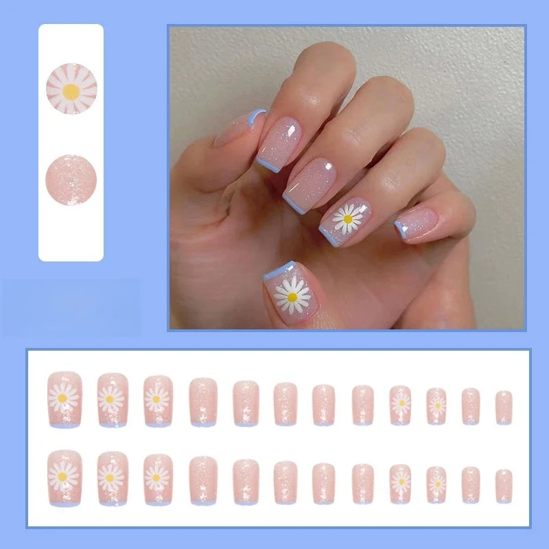 24Pcs/Set Simple Cute Pink Press on Nail Art Glitter Pure Lust Stick Wearing False Nails White French Removable Fake Nails Tips