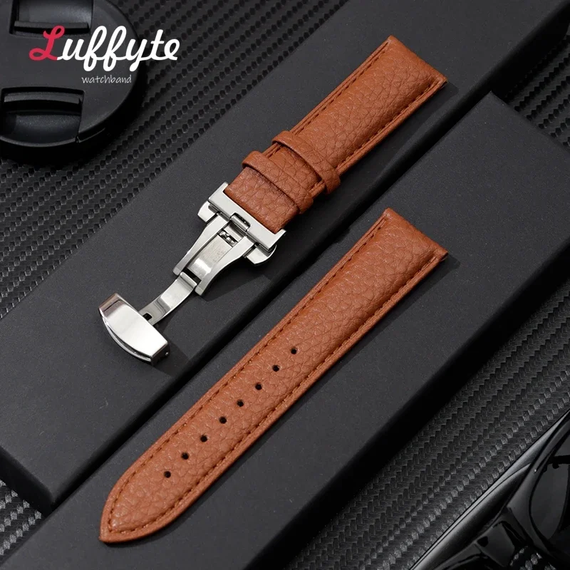 Leather Watchband 18mm 20mm 22mm Bracelets Belt Black Brown Green Blue Watch Strap with Butterfly Buckle Replacement Watch Band