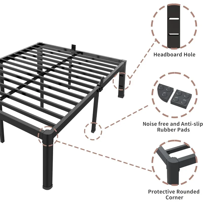 Estrutura de cama queen de metal de 14 polegadas com canto arredondado e fechos de colchão com furo para cabeceira 3500LBS ripas de aço resistentes