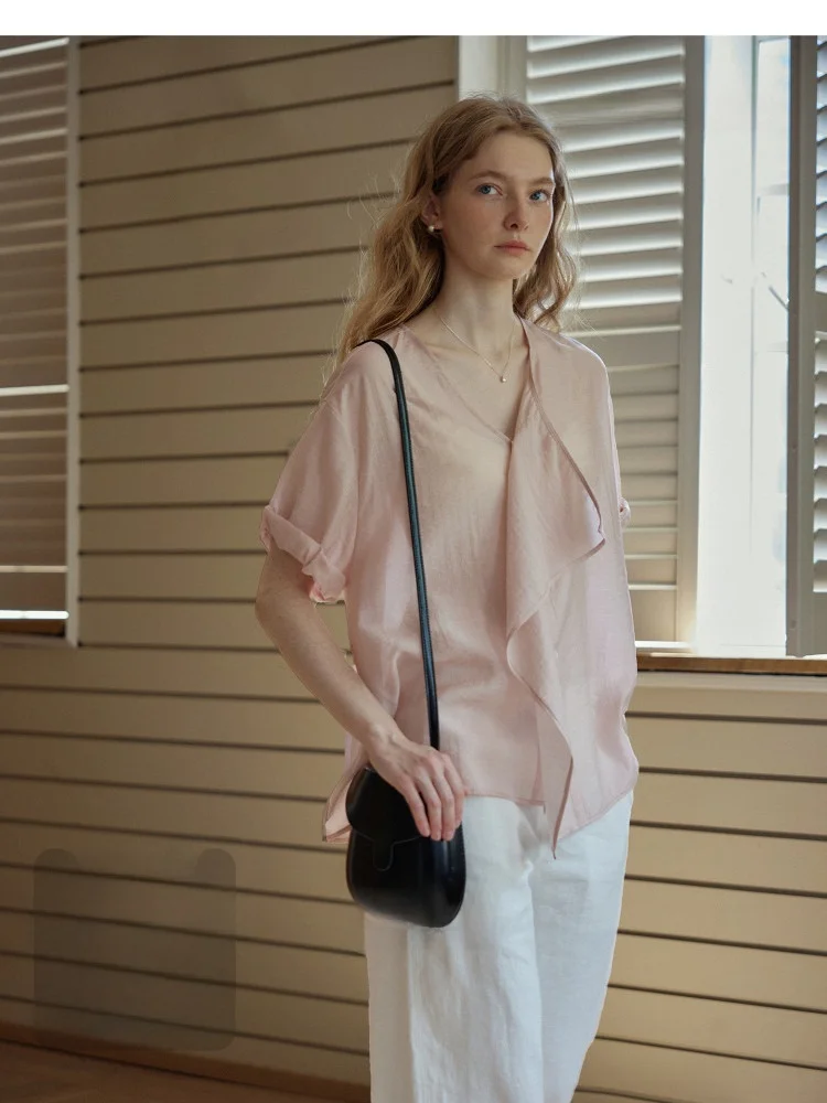 

Nice People 2025SS Pearl Acetate Lyocell irt V-ne ort Sve Cuffed Hem Tie Women's Comfortable Breathable Loose Fit irt