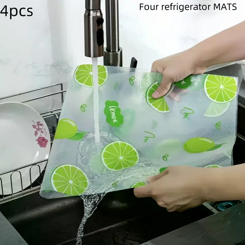 Moisture-Proof Non-Slip Washable Reusable EVA Material Novel Lemon Pattern Waterproof Refrigerator Liner Set 4Pcs