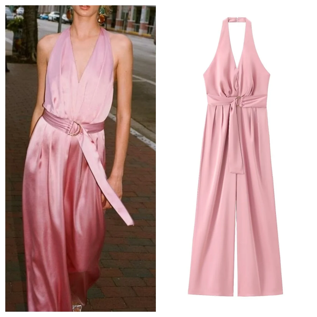 

French satin texture halter neck backless jumpsuit for women new high-end fashion all-match jumpsuit