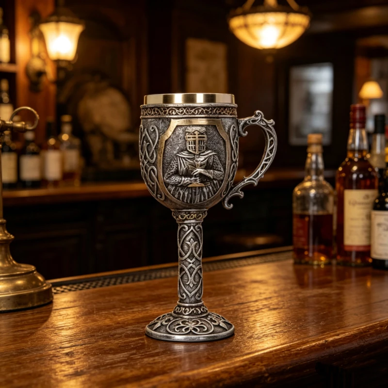 Cáliz de Caballero Medieval, Copa de Vino con Revestimiento de Acero Inoxidable con Relieve 3D, Acabado Bronce Retro, Vajilla Gótica