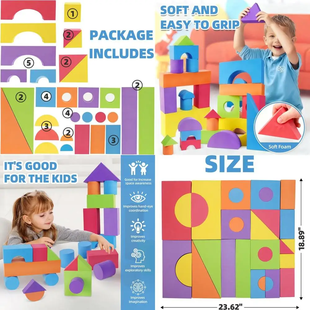 Blocchi da costruzione in schiuma EVA per bambini, non tossici, lavabili, set di giocattoli educativi da 60 pezzi per ragazzi e ragazze (blu)