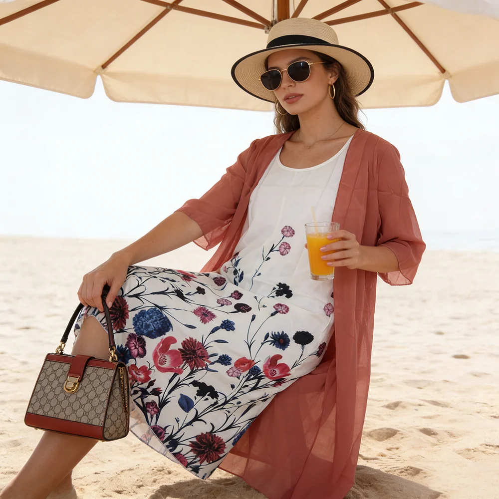 

Elegant Floral Midi Dress with Dusty Rose Kimono – Casual Beachwear Two-Piece Set