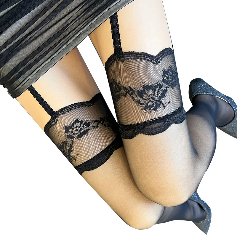 Calze sexy in pizzo per donna Donna con apertura sul cavallo Reggicalze a vita alta Collant Fiore Top Calzini alti alla coscia Lingerie sexy