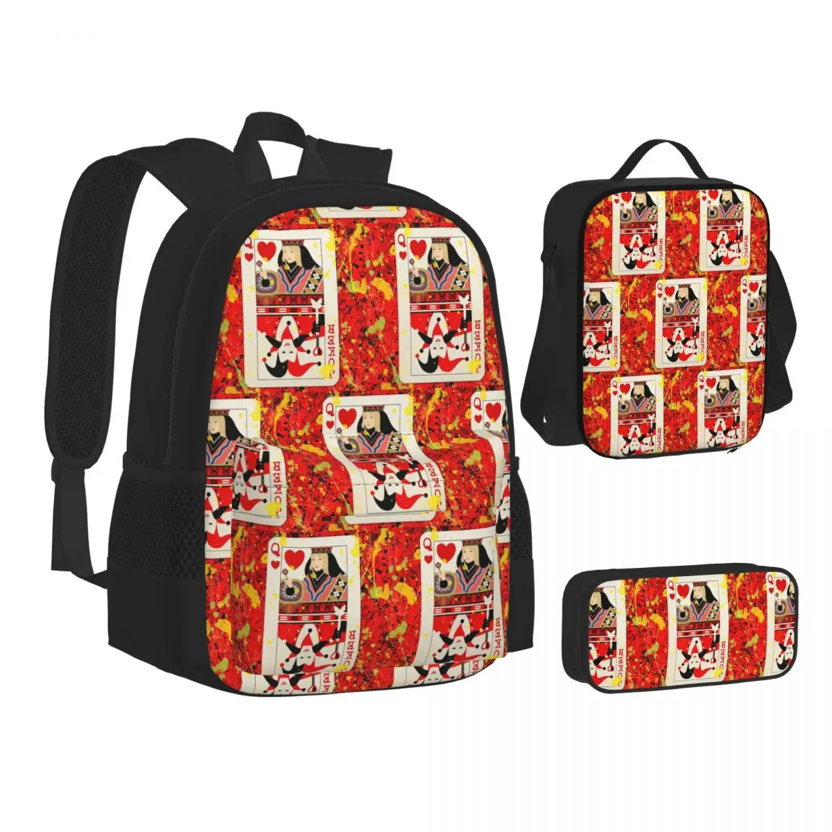 Casino Nights Red Queen Of Hearts Backpacks Students Bookbag School Bags Children Rucksack Lunch Bag Pen Bag Three-Piece Set