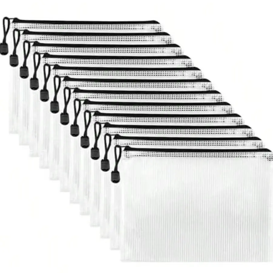 

12 шт. водонепроницаемые сетчатые пакеты для файлов формата А4, черные с карманами на молнии для документов, бумажных квитанций и организации косметики