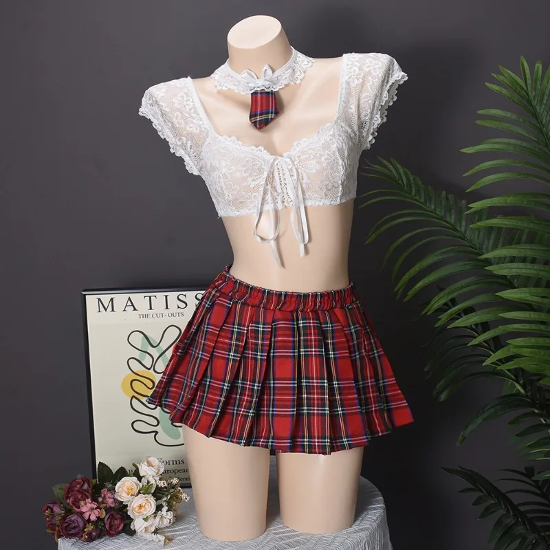 Toucheart Sexy Lingerie Suit for Women Lace Mesh See-through Lace Up Top Plaid Pleated Skirt Halter Women's Underwear Set New - Image 6
