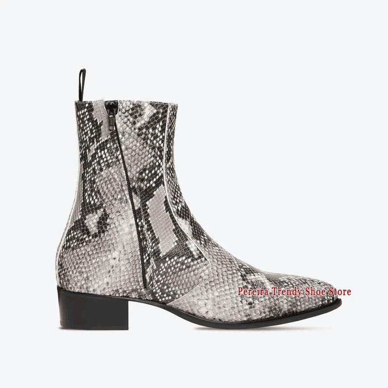 Autumn Winter Men's Snake Patterned Chelsea Boots Trend Pointed Toe Side Zipper Short Boots Party Banquet Genuine Leather Shoes