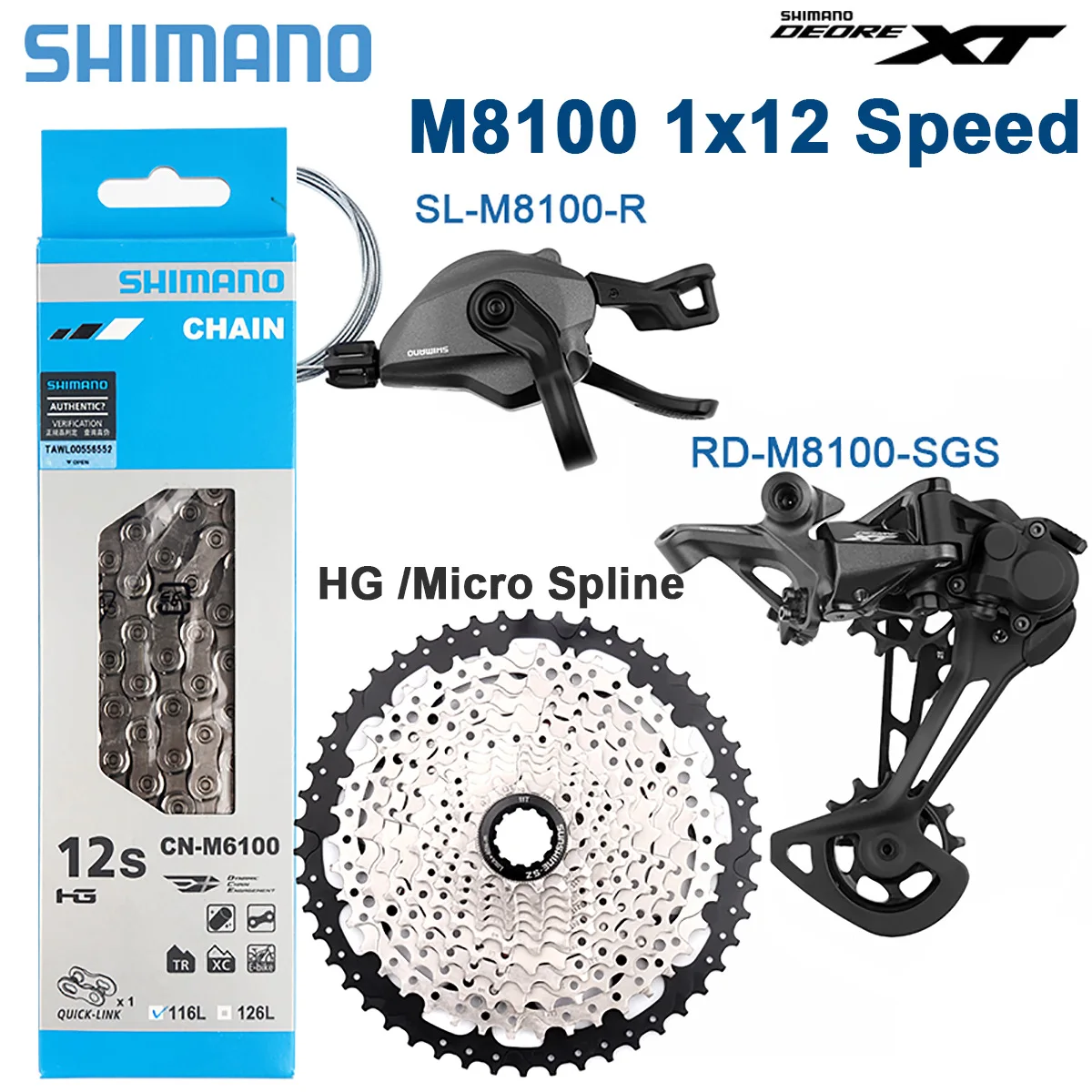 Shimano Deore XT M8100 Groupset 1x12 Speed Group Set 12S Derailleur Shifter M6100 Chain HG K7 46/50/52T MS Cassette 10-50T/52T