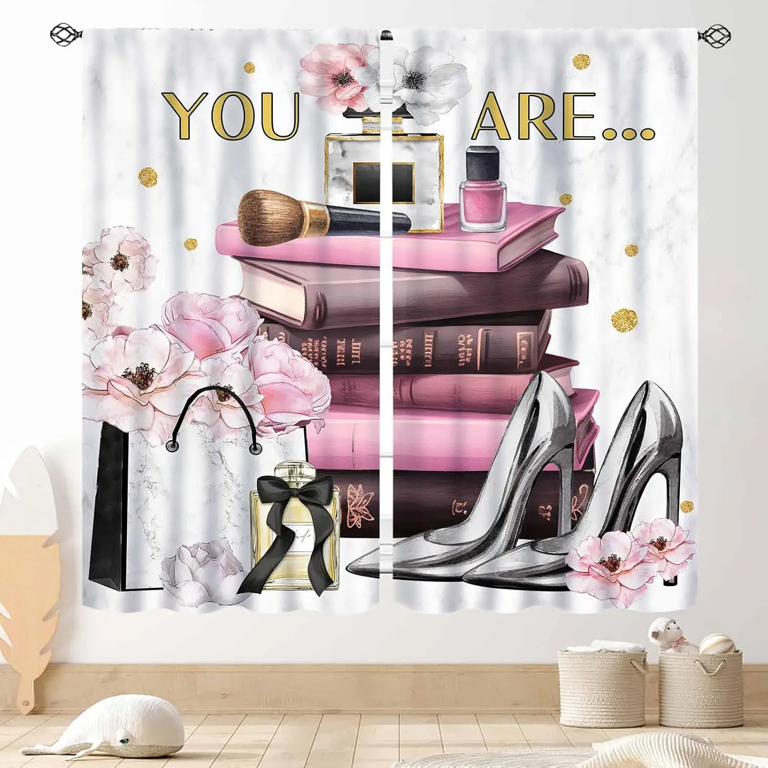 Pink Modern Fashion Curtains, Women Girls Perfume High Heels Magazine Books Rose Floral Cosmetics Makeup Romantic  2 Panels