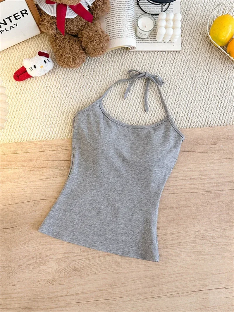 Koreanischer Stil Mehrfarbiges Crop-Top mit Bindeband und integriertem BH-Pad – Sexy, eng anliegendes Tanktop für Damen – Detail 14