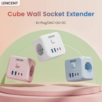 Lencent Eu Stekker Kubus Wandcontactdoos Extender Met 3ac + 2usb + 2Type C 5V/3a Adapter 7-In-1 Socket Aan/Uit Schakelaar