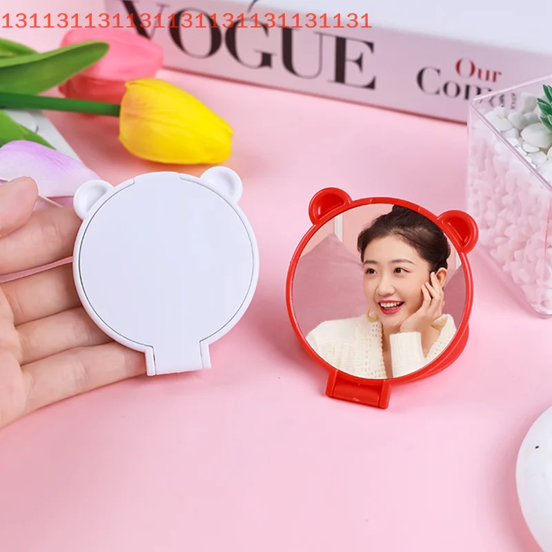 듀얼 유즈 데스크탑 거울, 학생용 저렴한 손잡이형 곰 귀 세로형 HD 메이크업 거울, 휴대용, 접이식, 세로형