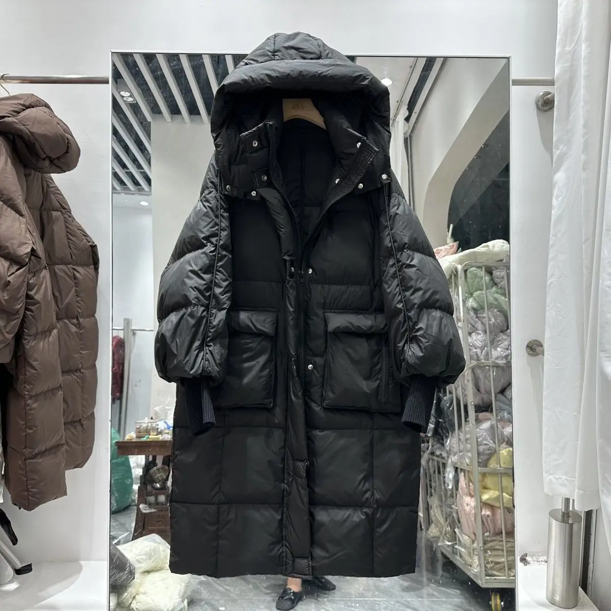 2025 inverno feminino jaqueta solta commuter manga de malha à prova de vento com capuz jaqueta