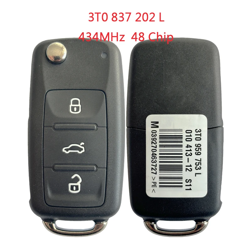 For VW Skoda Remote Key 3 Button 433MHz ID48 Chip PRO Part 3T0 837 202 L