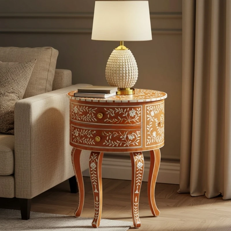 Modern eco-friendly handmade bedside table round orange floral pattern bedroom furniture