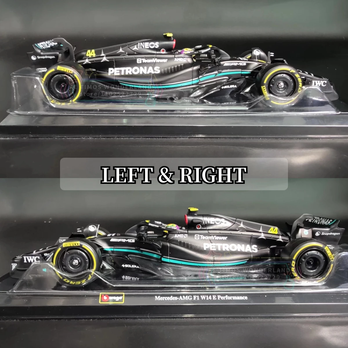 Bburago 1:24 Limited Edition Mercedes AMG W14 Replica, F1 2023 Car Model with Showcase Helmet, Scale Formula 1 Miniature Toy