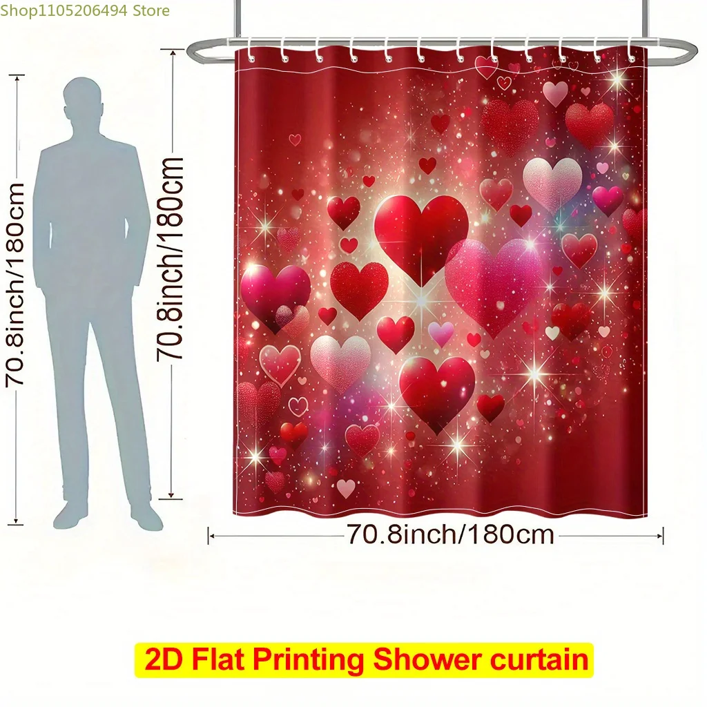 

2D Flat Printing Shower Curtain 1pc, Lovely Sparkling Red Hearts Printed Shower Curtain, with 12 hooks,, 179.83x179.83 cm, Win
