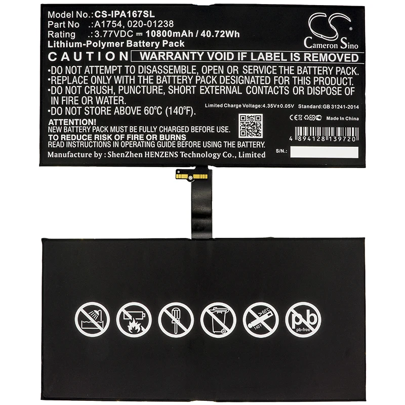 CS Replacement Battery for Apple iPad Pro 12.9 2nd Gen,iPad Pro 12.9 2017 2nd Gen,A1821,A1670,A1671 PN:A17 10800mAh / 40.72Wh