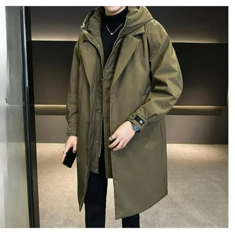 A Mid-length Men's Trench Coat with Winter Thickened Hood Overcomes The New Fake Two-piece Korean-style Cool and Warm Coat 2026