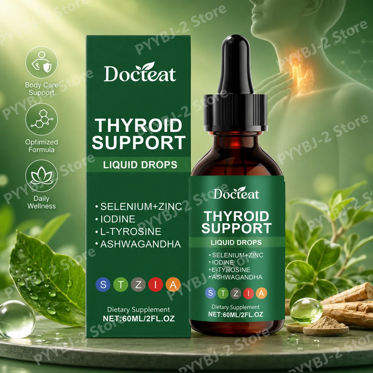 Thyroid Support Liquid Drops with Ashwagandha L Tyrosine for Men Women Supports Normal Metabolism 60ml