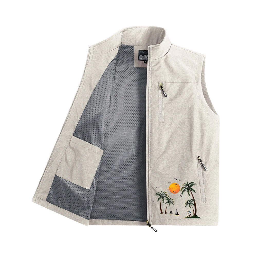 Men's Beach Print Stand Collar Vest With Mesh Lining Breathable And Windproof Casual Sleeveless Vest With Zippered Pockets