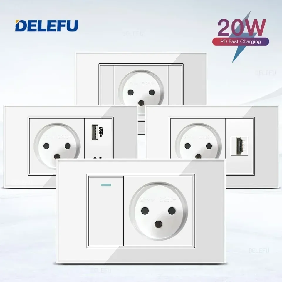  DELEFU White Tempered Glass Israel USB Type C Fast Charging Wall Socket Light Tuya Wifi Smart Switch Sat TV Tel Doorbell Curtain 