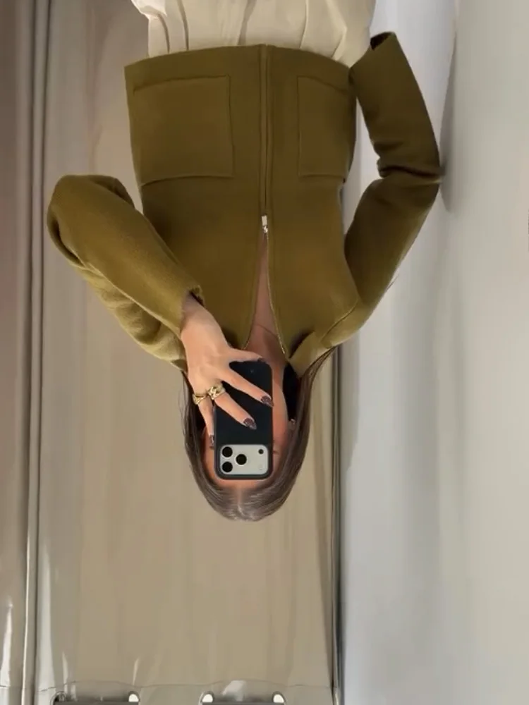 

HH женская элегантная вязаная куртка на молнии с длинным рукавом женская осенняя уличная повседневная куртка с карманами однотонный свитер с отложным воротником