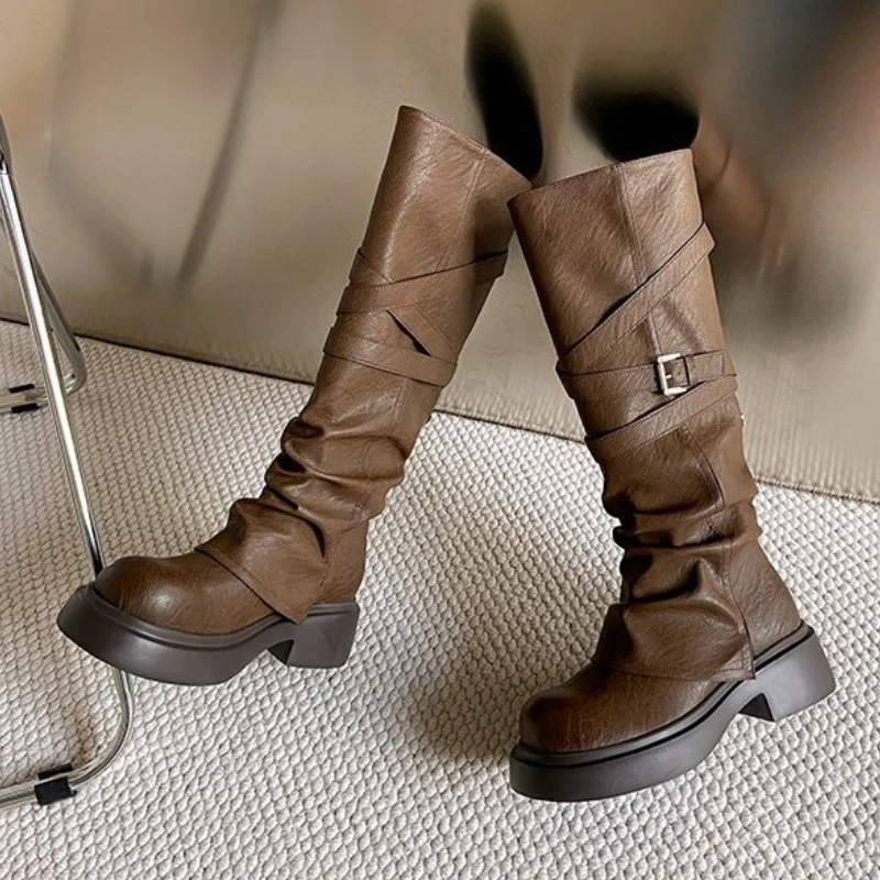 

Winter Knee High Women Chelsea Boots Designer Pu Leather Flats Platform Shoes Women 2025 Designer Motorcycle Long Boots Women
