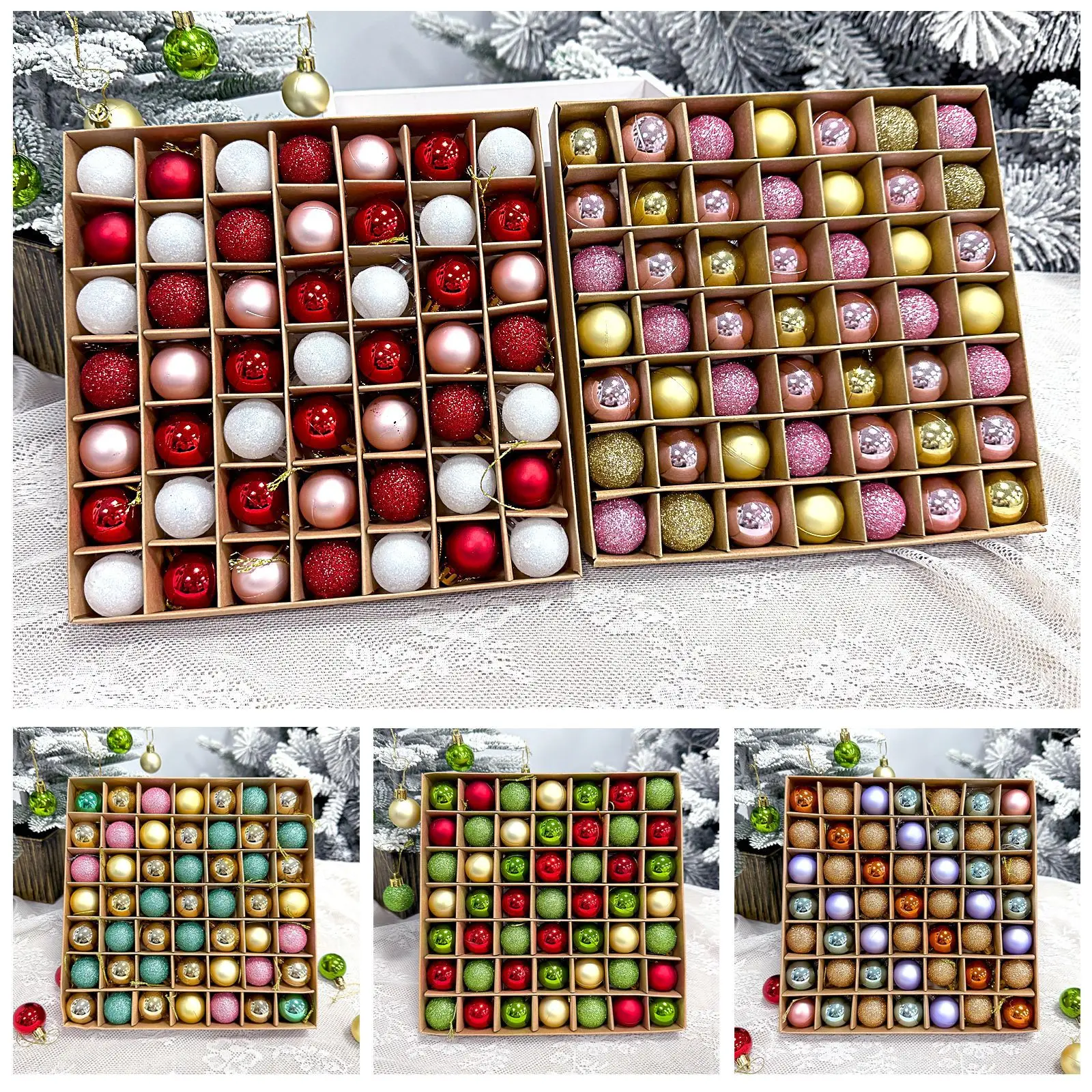 Ensemble de 49 décorations de Noël de 3 cm, mates/brillantes/pailletées, dans des boîtes en papier kraft, décorations de fête de Noël