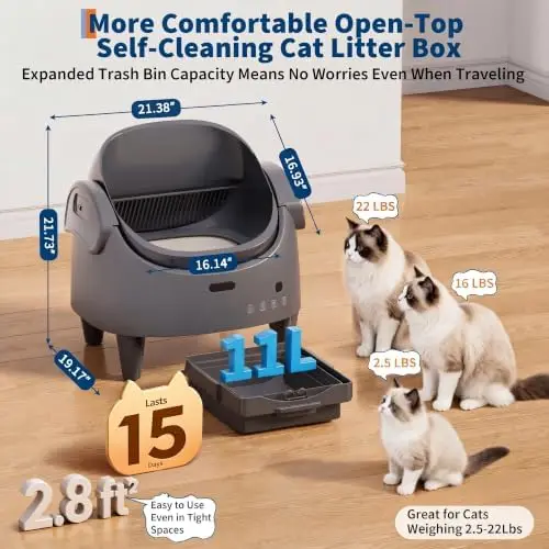 Automatic Cat Litter Box, Self-Cleaning Litter Box with Open-Top Design, 15-Layer Safety Protection System & Smart App