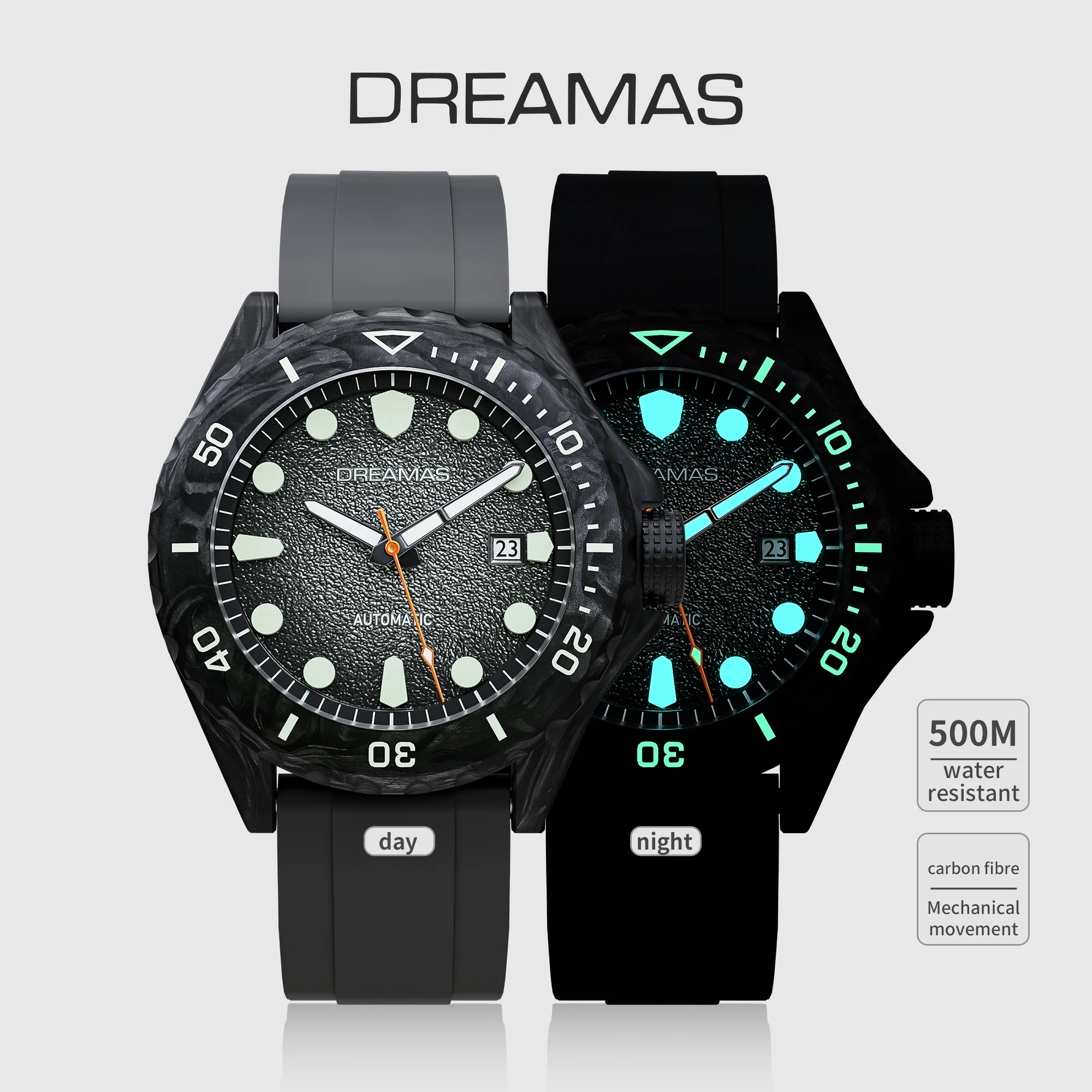 DREAMAS  Carbon Fiber Automatic Mechanical Diving Watch Swiss Luminous 500M Waterproof Gradient Cold Grey Wristwatch