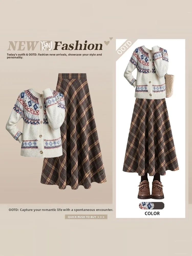 

Новый винтажный вязаный свитер Fair Isle и юбка в клетку для женщин, зимний элегантный комплект для невысоких, с длинным рукавом, стандартная длина, коллекция 2026 года