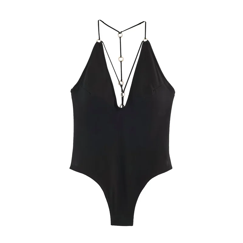 2026 Elegant Solid Black Halter Bodysuit Deep Neck Metal O-Ring Backless Slim Fit Casual Daily Women Bodyshort