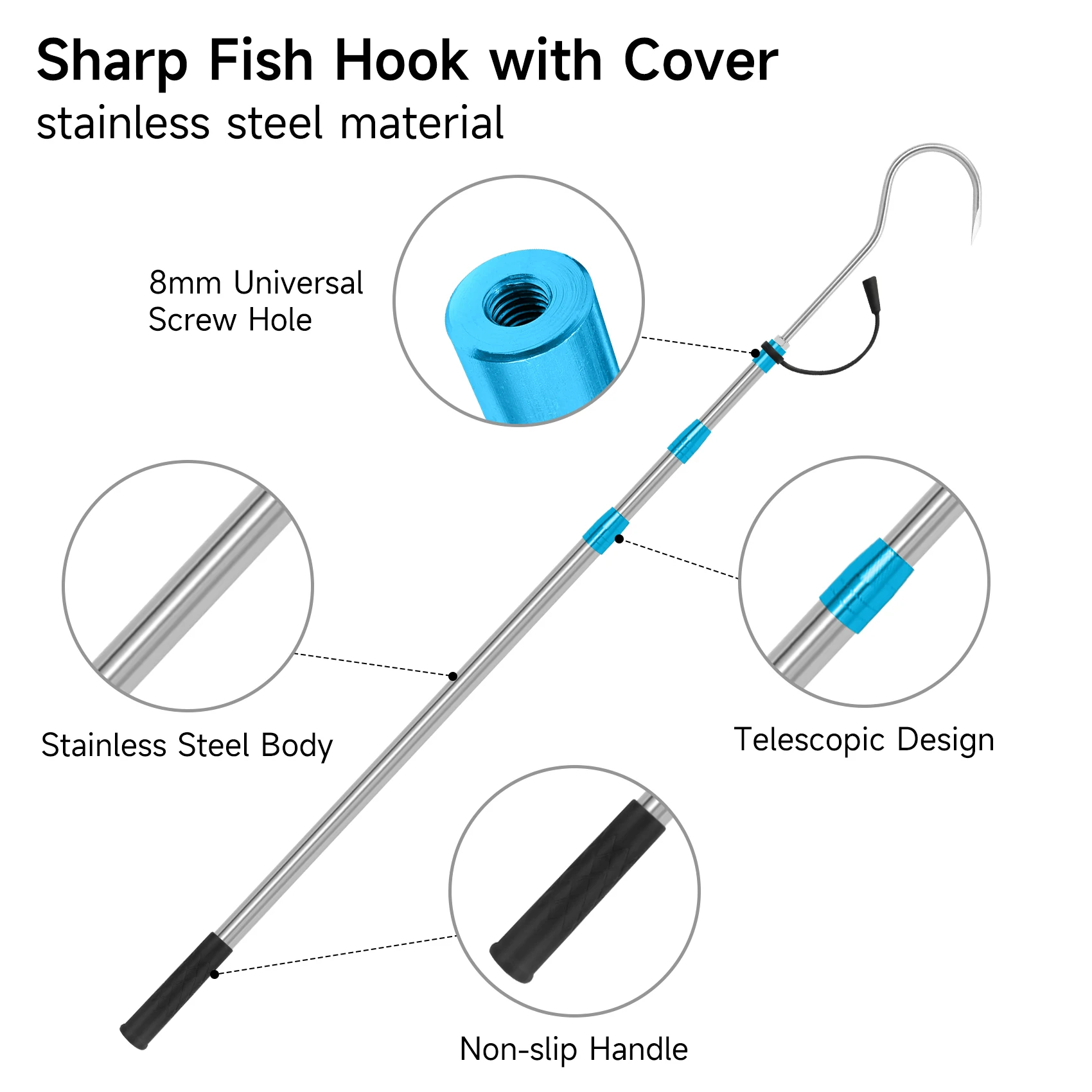 SANLIKE Telescopic Fish Gaff with Stainless Fishing Spear Hook Tackle 1.8M/2.1M Stainless Pole For Salt water Offshore Ice Tool