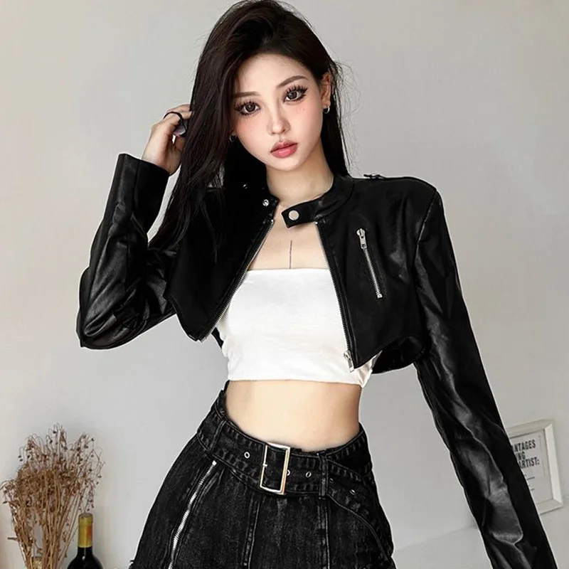 Korean Chic Short Faux Leather Jackets Women 2025 Autumn New Irregular Black Motorcycle Jacket All-Match Vintage Trend PU Coat