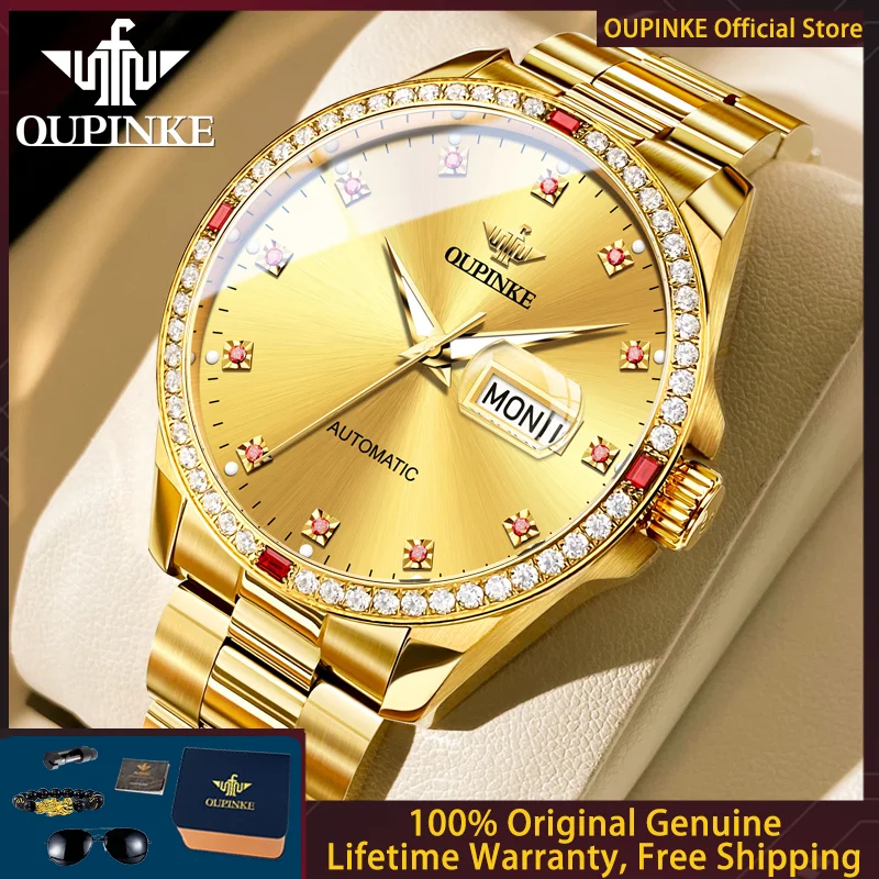 ساعة OUPINKE 3261 للرجال فاخرة مستوردة بحركة ميكانيكية أوتوماتيكية بتقويم مزدوج مقاومة للماء ساعة أصلية ماسية للرجال