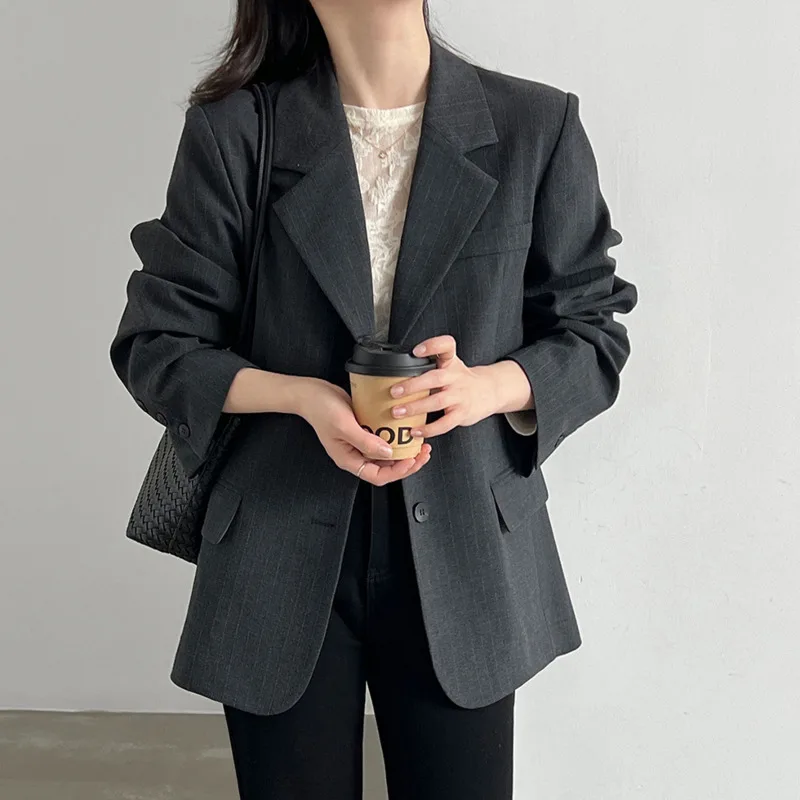FANAN Women Pinstripe Blazer Notched Lapel Single Breasted Loose Oversized Long Sleeve Casual Suit Outer Suit Jacket Autumn New