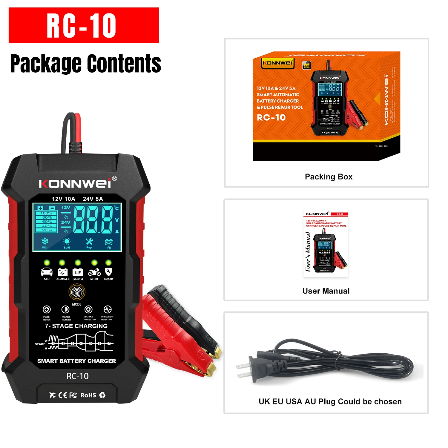 

Konnwei Battery Charger Battery RC-10 12V 10A & 24V 5A for Lead-acid Automotive Marine Deep-cycle Batteries Pulse Repair Tool