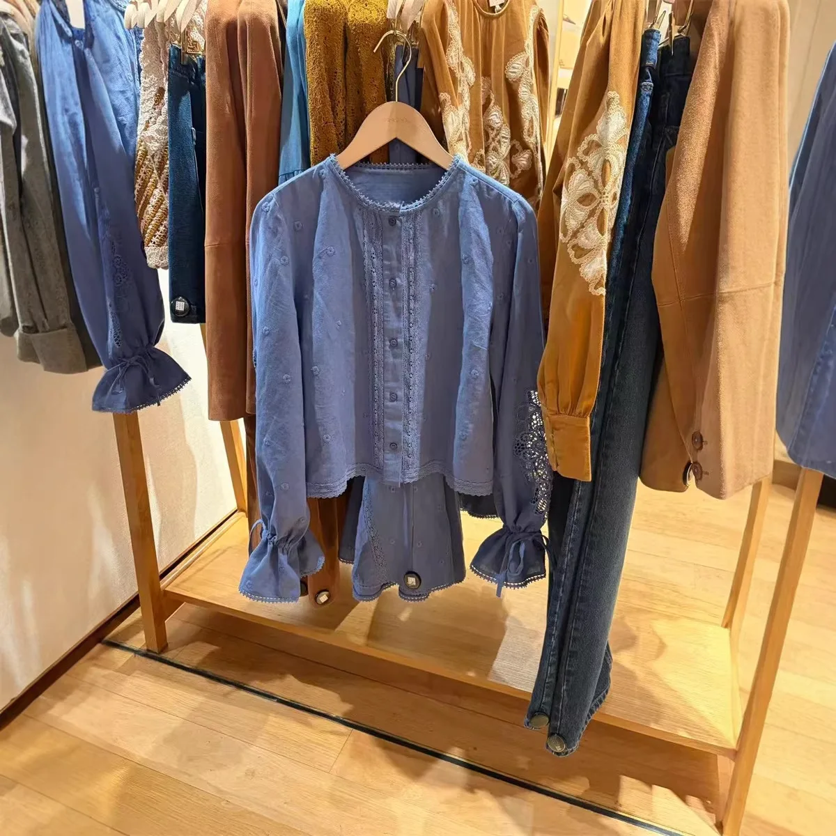 

Blue Embroidered Long Sleeve Shirt Women's Korean Style Loose Fit Cotton Vintage Lace Knot Front Casual Spring Summer Top