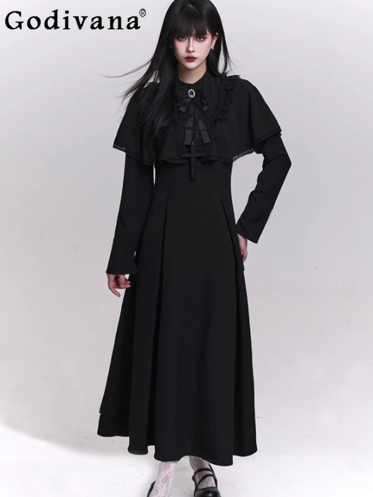 Autumn Winter Fashion High Waist Gothic Japanese Lace-up Black Dress Stand-up Collar Versatile Personality Long-sleeved Dresses