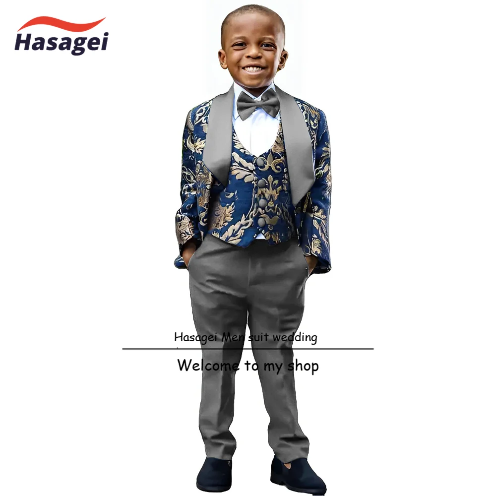 Gold Pattern Boys Suit 3 Piece Suit with White Pants Formal Kids Wedding Tuxedo Teen Stage Performance Wear 2-16 Years Old