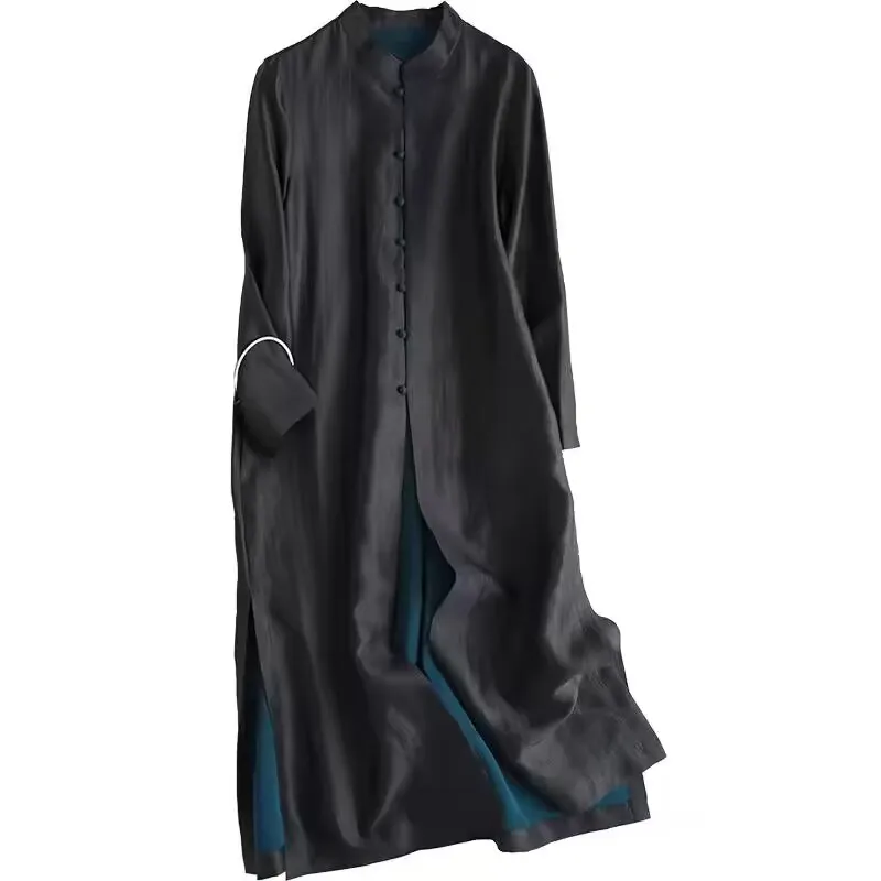 

New Chinese Sle Long Sve Dr Women's Spring Autumn Retro High-End Sensation Xiangyun Silk Straight Tube Midi Windbreak...