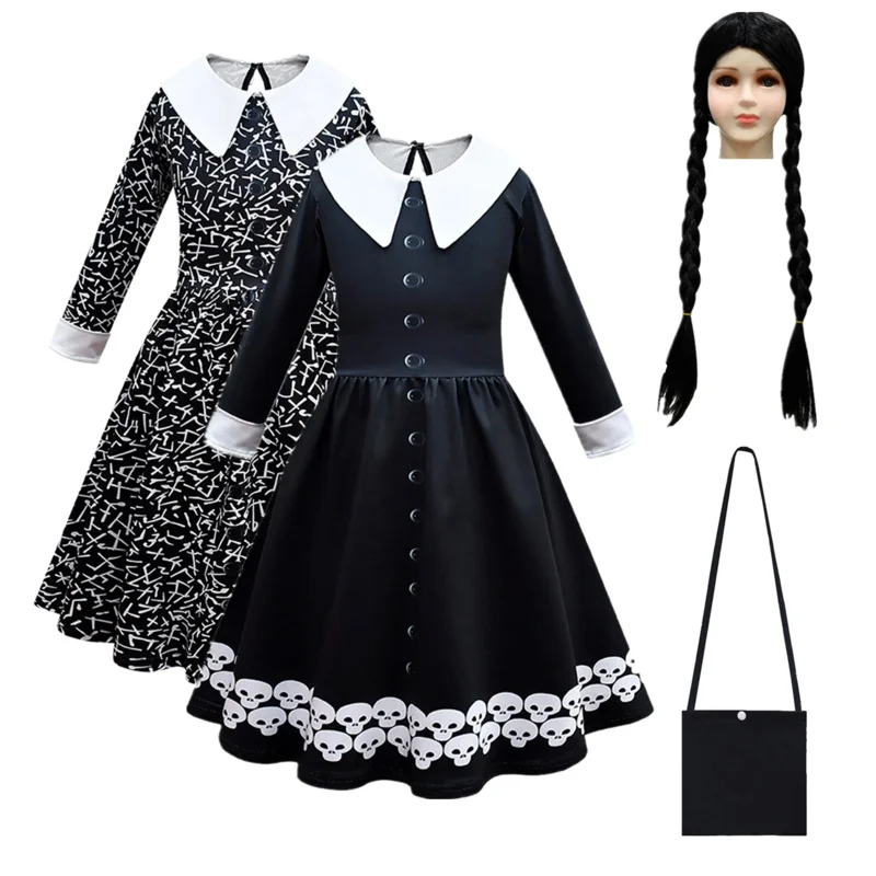 Kids Halloween Costumes for Girls The Addams Familye Morticiae Cosplay Dress and Wig Bag Black Outfits Carnival Gothic Clothes